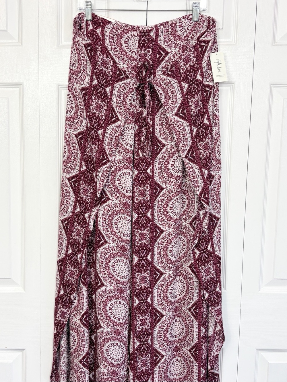NWT Style & Co. Wine Purple Medallion Boho Tie Front Wide Leg Pants Large